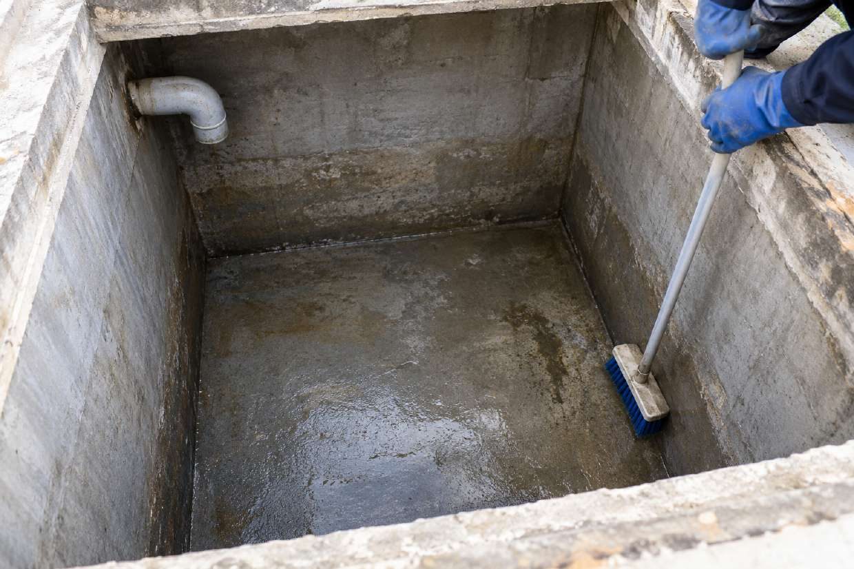 Scrubbing the walls and floor of an underground water tank